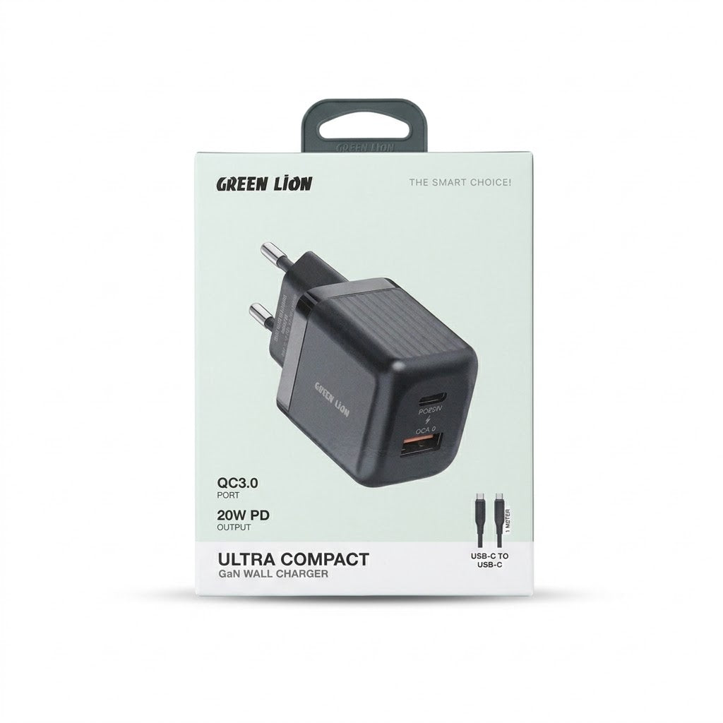 Green Lion Ultra Compact 20W GaN Charger with USB-C to C Cable (QC 3.0 & PD)