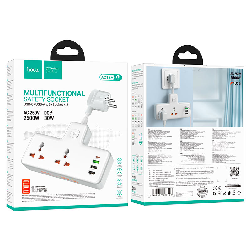 HOCO AC12A SOCKET PD30W + QC3.0 + 2 sockets EU