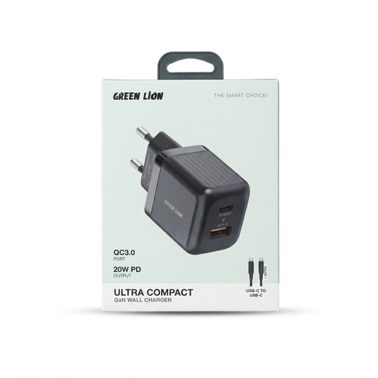 Green Lion Ultra Compact 20W GaN Charger with USB-C to C Cable (QC 3.0 & PD)